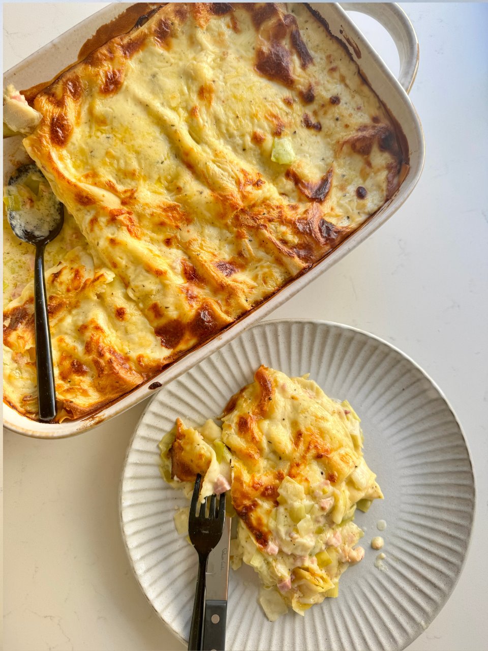 Leftover Christmas Ham, Vintage Cheddar & Buttered Leek Lasagna