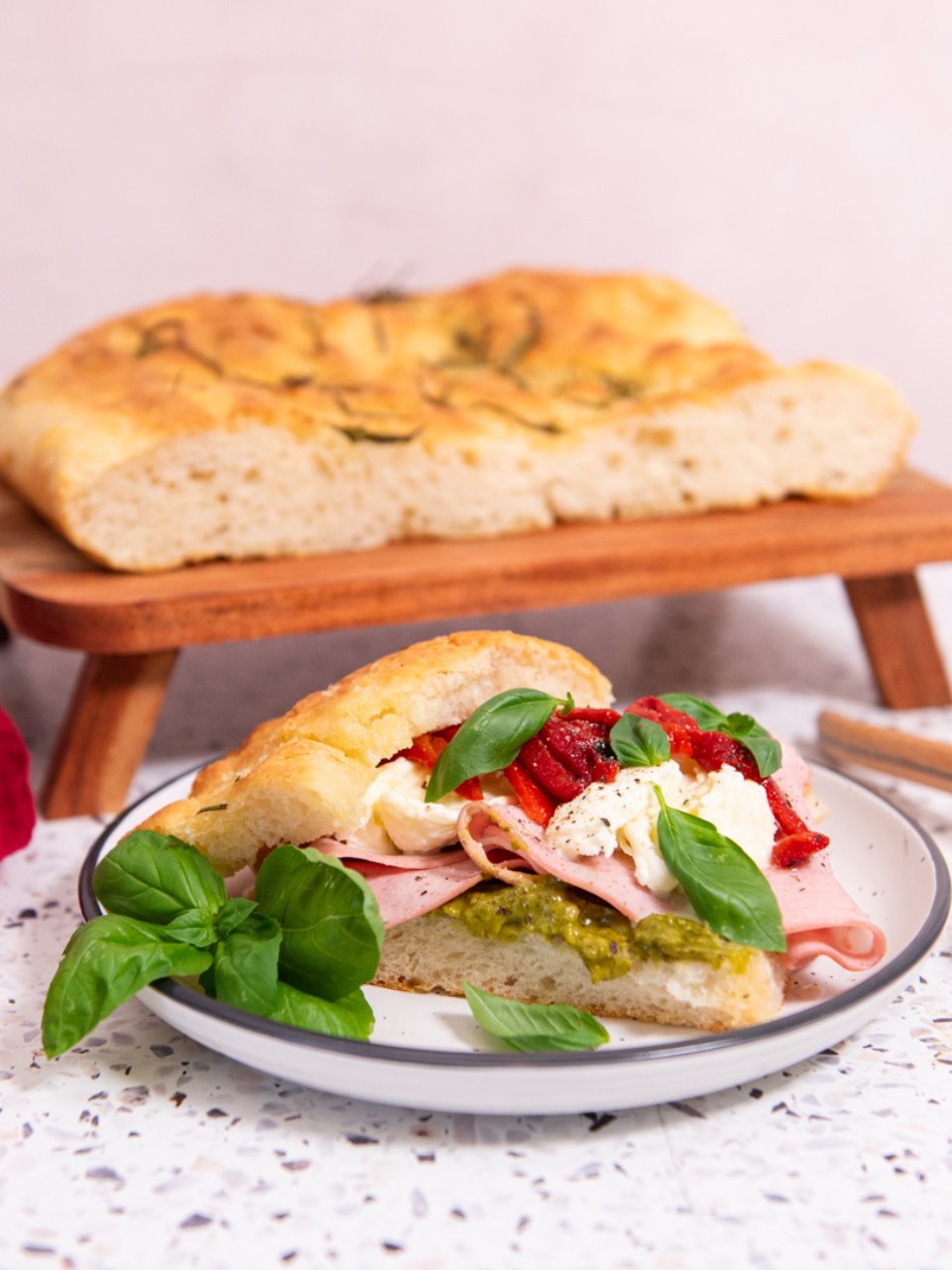 Mortadella, Burrata & Pesto Focaccia Sandwich (Italian Style Recipe)